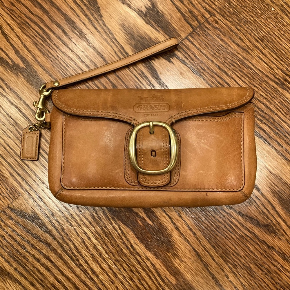 Coach Bleecker flap British tan leather wristlet